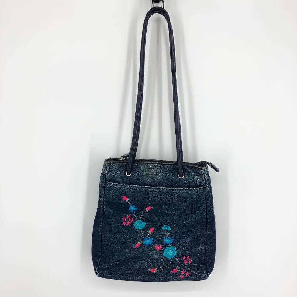 Vintage 90s‎ Y2K Denim Purse Floral Embroidered Long Drop Shoulder Bag Satchel